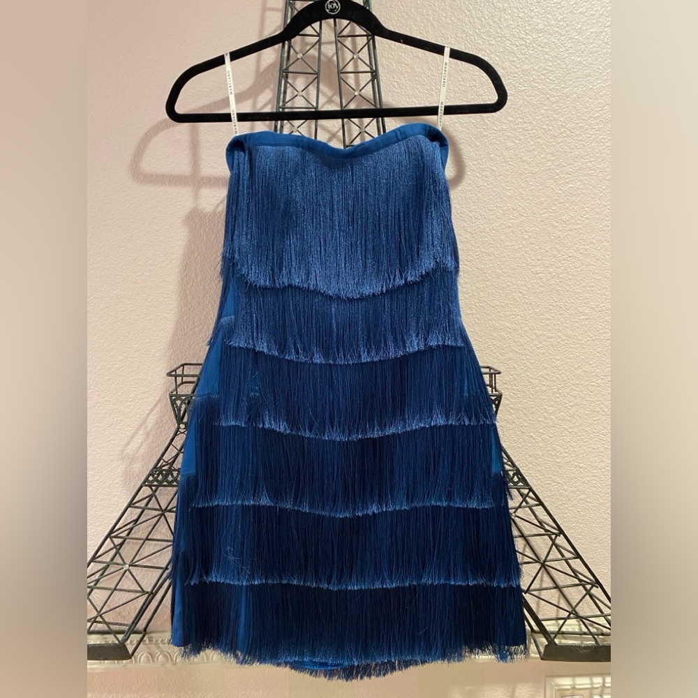 Blue mini fringe strapless dress